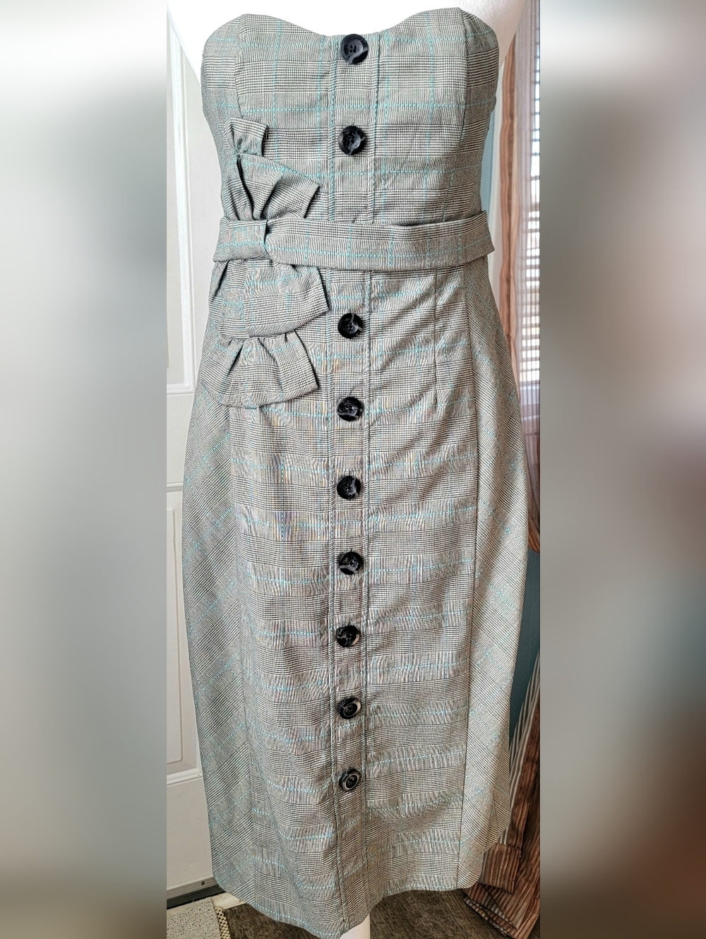 Anthropologie Floreat Doubly Adorned Plaid Strapless Midi Dress Womens 4 Grey Bl